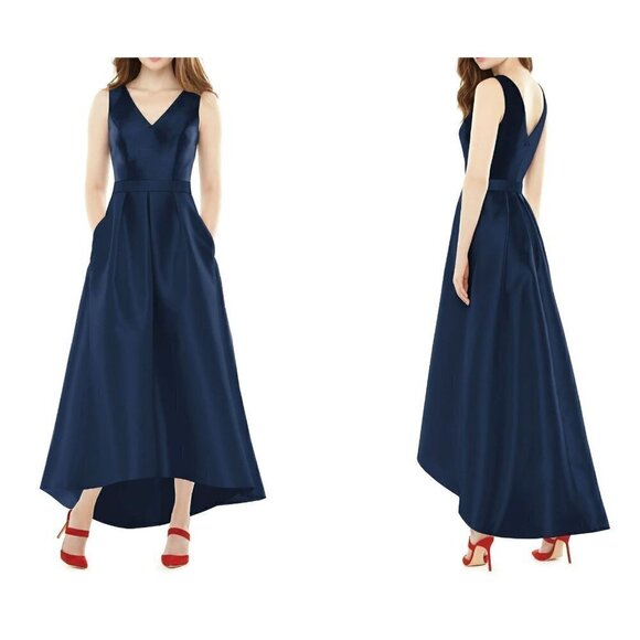 NWT ALFRED SUNG Size 16R Satin High/Low Gown Navy MSRP $231 - Picture 1 of 12